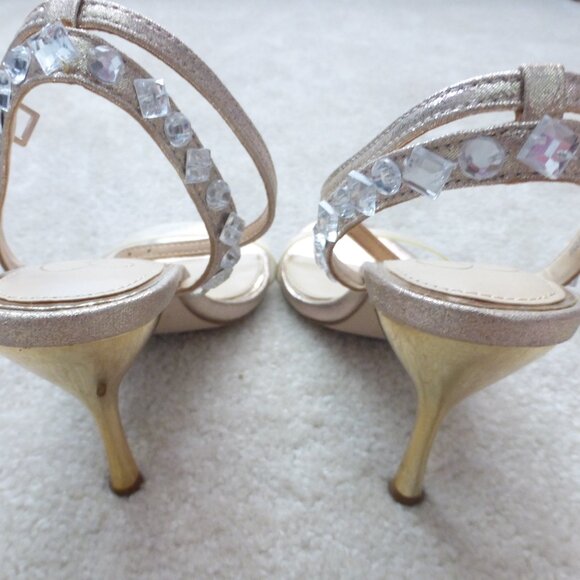 JESSICA SIMPSON shimmery gold single strap heels with crystal bead accets - Picture 10 of 11